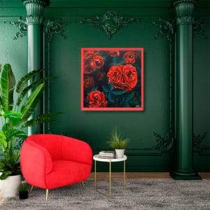 décoration d'intérieur vert rouge tableau artiste déco fleurs roses rouges
