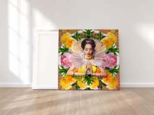 reproduction cadre effet toile tableau artiste déco photo portrait femme fleurs déesse au cristal