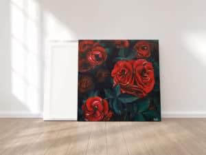 reproduction cadre effet toile tableau artiste déco fleurs roses rouges
