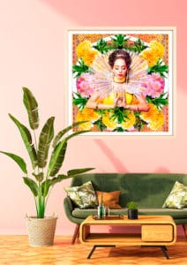 décoration d'intérieur rose vert tableau artiste déco photo portrait femme fleurs déesse au cristal