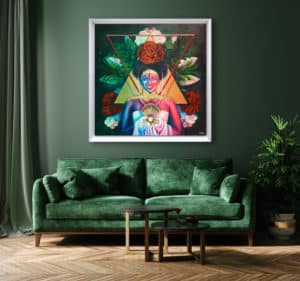 décoration intérieur vert tableau artiste déco portrait femme fleurs reine maya