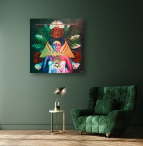 décoration intérieur vert tableau artiste déco portrait femme fleurs reine maya cadre effet toile