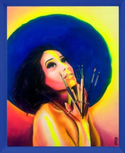 tableau-artiste-déco-portrait-femme-zohra-aux-mains-de-pinceaux-cadre-bleu